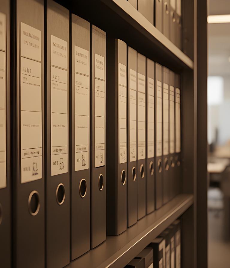 Archivadores jurídicos alineados en una estantería de oficina con luz cálida